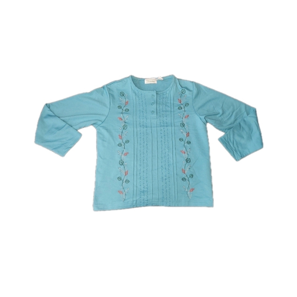 Vintage 90s Floral Blue Embroidery‎ Long Sleeve Blouse Cottagecore Granny Small